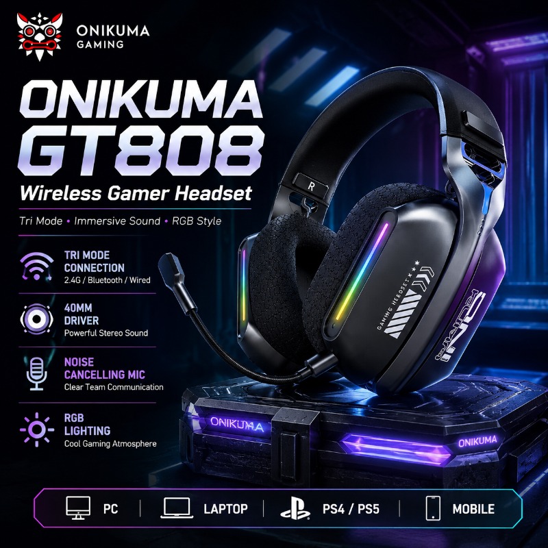 ONIKUMA GT808 Wireless Gaming  - Gaming Headset With Mic Rgb ulasan dan harga